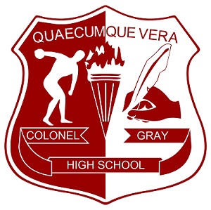 Colonel Gray High School Shield in white and red with a discus thrower, a torch and a hand with a writing feather. The words "Quaecumque Vera" and "Colonel Gray High School" are displayed.